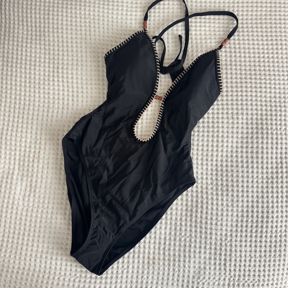 Women’s Black Plunge One-Piece Swimsuit with Decorative Trim Shade & Shore NWOT - Picture 3 of 8